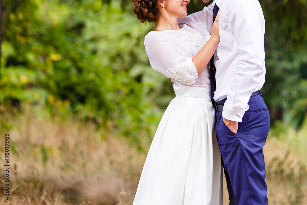Luxury married wedding couple bride and groom posing in park autumn Luxury married wedding couple bride and groom posing in park autumn