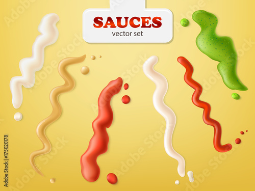 Various hot and spicy sauces spilled stripes with drops realistic vector set.    Wasabi, ketchup, mayonnaise, mustard appetizing culinary ingredient and seasoning collection for recipe, menu design