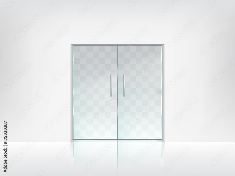 Vecteur Stock Transparent double glass doors with handles on white wall and  glossy floor realistic blank vector template. Office entrance, boutique  facade, shop or store porch mockup. Modern interior design element |