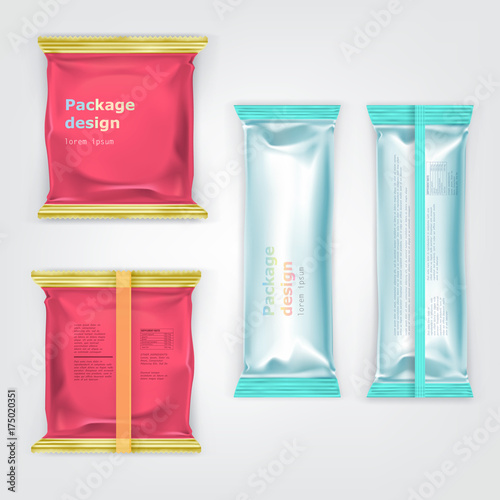 Colorful, branded with ingredients list on back plastic or foil square, rectangular food product template packages realistic vector set isolated on white. Cookies, crackers, chocolate bar pack mock-up