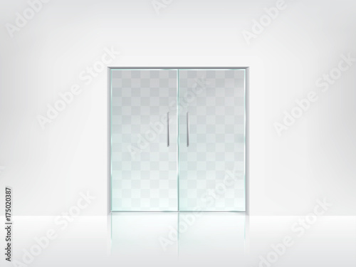 Transparent double glass doors with handles on white wall and glossy floor realistic blank vector template. Office entrance, boutique facade, shop or store porch mockup. Modern interior design element