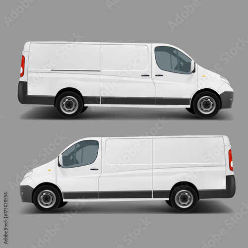 Blank white cargo minibus realistic vector template right, left side view. Commercial transport for small and middle business, delivery van, postal service car ready for brand, corporate mockup design