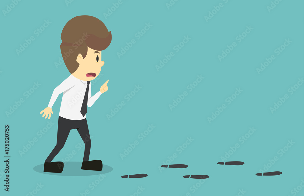 Businessman walking searching looking for foot mark track on the ground.Cartoon of business success is the concept of the man characters business, the mood of people. background vector illustration