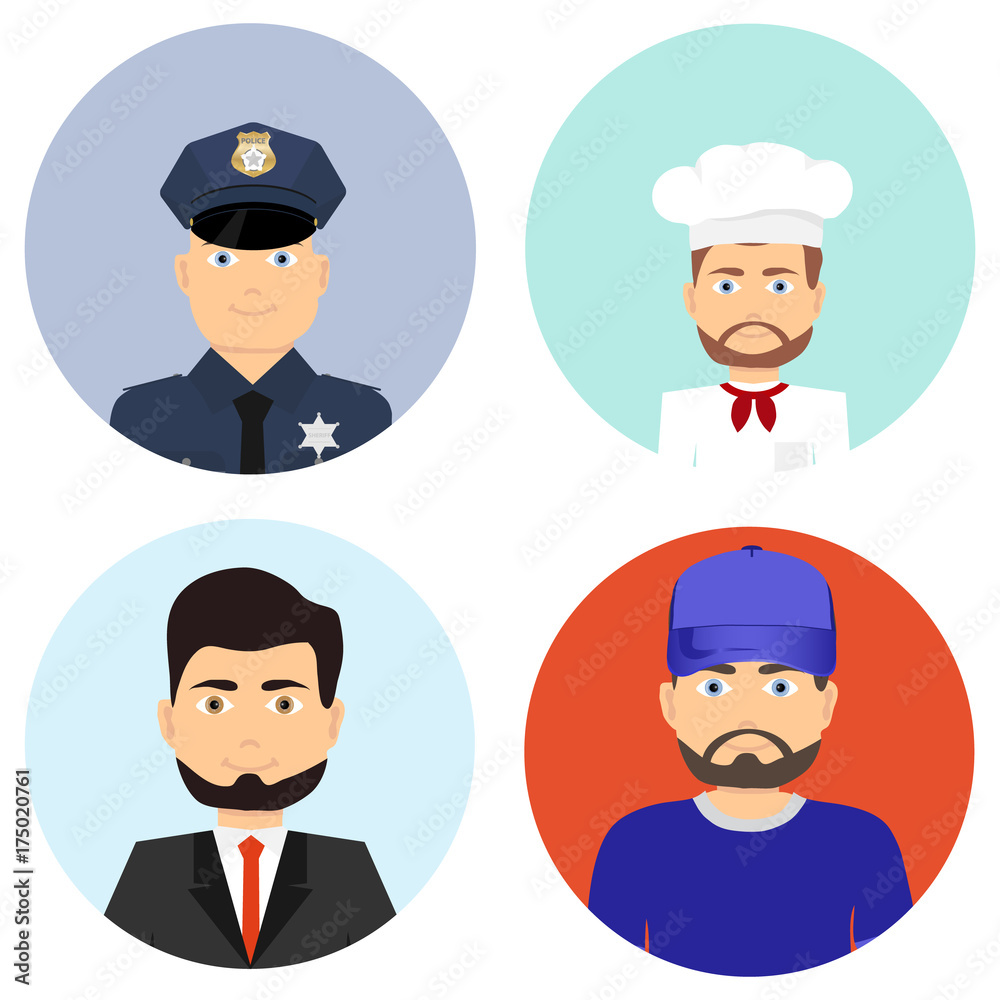 People of different professions. A policeman, a cook, a businessman, an athlete People of different professions. A policeman, a cook, a businessman, an athlete