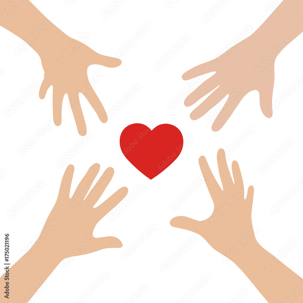Hands arms reaching to each other red shining heart shape sign. Helping hand. Hands arms reaching to each other red shining heart shape sign. Helping hand.