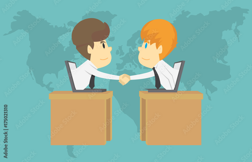 Businessmen handshaking from online computer on world map.Cartoon of business success is the concept of the man characters business,the mood of people, can be used as a background.vector illustration Businessmen handshaking from online computer on world map.Cartoon of business success is the concept of the man characters business,the mood of people, can be used as a background.vector illustration