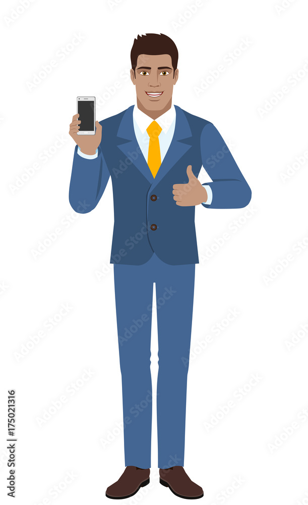 Businessman holding mobile phone and shows thumb up Businessman holding mobile phone and shows thumb up