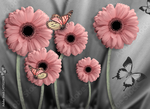 Fototapeta Naklejka Na Ścianę i Meble -  Floral background of chrysanthemums, bright flowers on a gray. Applied a filter with grain.