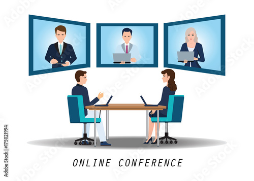 Businesspeople attending video conference on desk  in office.