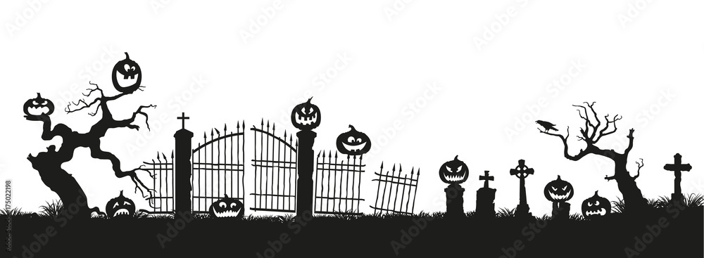 Fototapeta premium Holiday Halloween. Black silhouettes of pumpkins on the cemetery on white background. Graveyard and broken trees