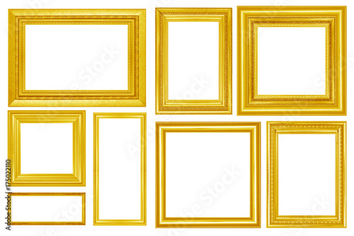 collection of Gold vintage picture and photo frame isolated on white background