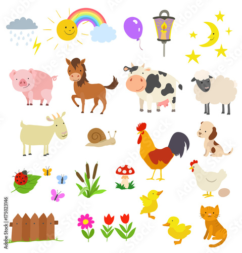 cartoon set of farm animals isolated on white. vector illustration