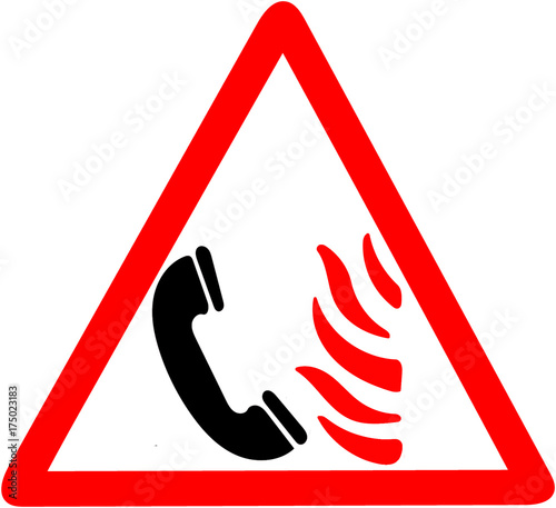 Call firestation if you see fire flame illustrated Icon triangle road signn isolated on white Background photo