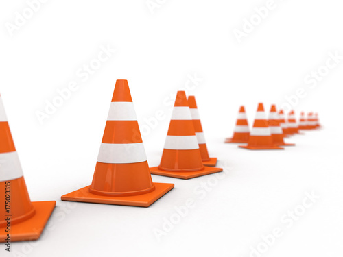 Fototapeta Naklejka Na Ścianę i Meble -  Traffic cones on white background. 3D rendering