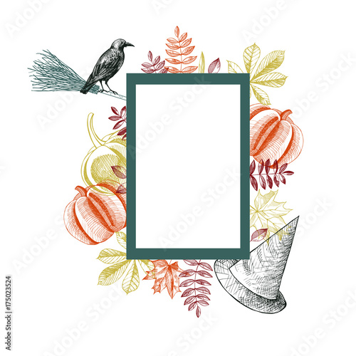 Halloween background with bird and pumpkin.Vector  illustration.