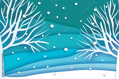 Paper cut landscape and forest. Merry Christmas Greeting card. Origami snowy winter season. Happy New Year. Trunk. Paper art style. Blue background. Vector