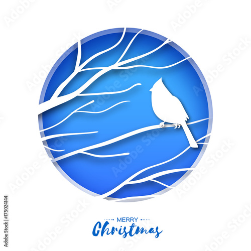 Red cardinal sitting on a branch. Merry Christmas Greeting Card.Bird sitting on a birches branch in paper cut style. Origami Fall winter. Happy holidays. Blue background. photo