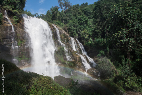 Wachirathan Waterfall With a Rainbow on a Sunny Day  Doi Inthanon National Park  Thailand