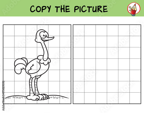 Funny ostrich. Copy the picture. Coloring book. Educational game for children. Cartoon vector illustration