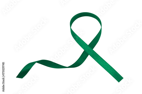 Green ribbon isolated on a white background. Awareness of health and safety issues. Liver Cancer Awareness Month. Jade ribbon.