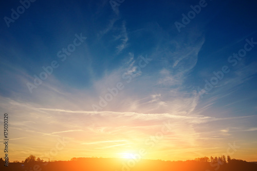 Background of the forest line upon sunset with blue and gold cloudy sky above the forest © cezarksv