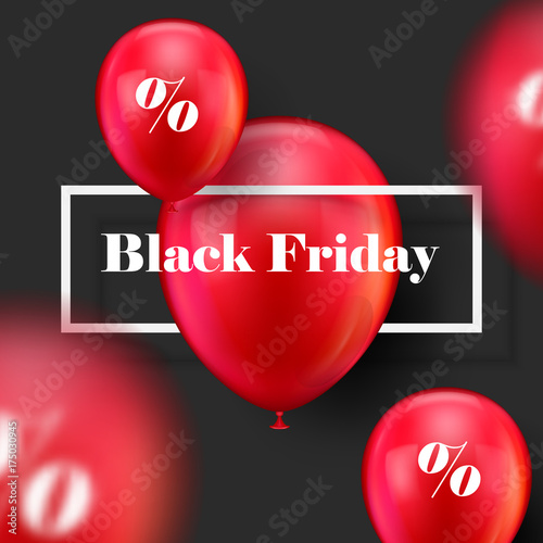 Black friday ballons. Red balls on a black background with the inscription black friday for designers and illustrators. Gasbags as a vector illustration