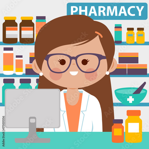 Pharmacist at the counter in a pharmacy and shelves with medicines. Vector illustration