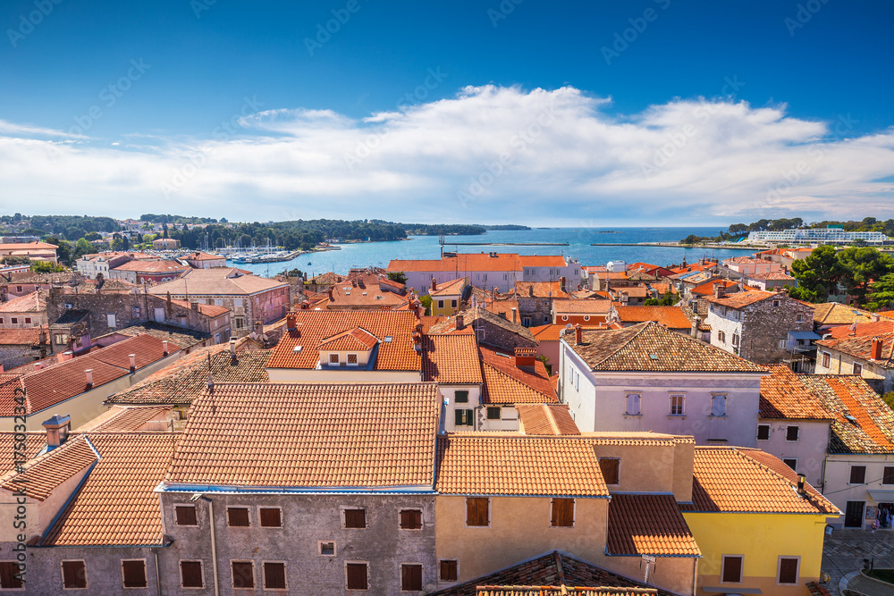 Top view of the Porec town and sea, Croatia, Europe.