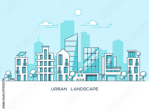Green energy and eco friendly city. Modern architecture, buildings, skyscrapers. Flat vector illustration. 3d style.