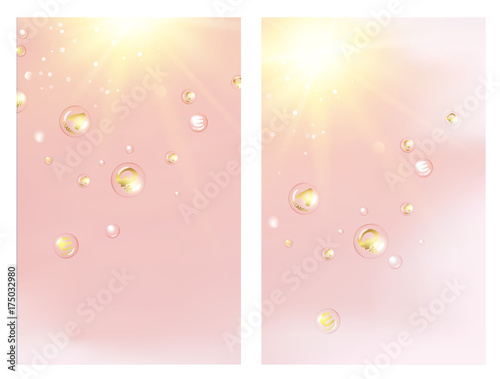 Skin care concept. UV Protection and whitening cream. Golden bubbles with vitamin letters over sky background. Vector illustration.