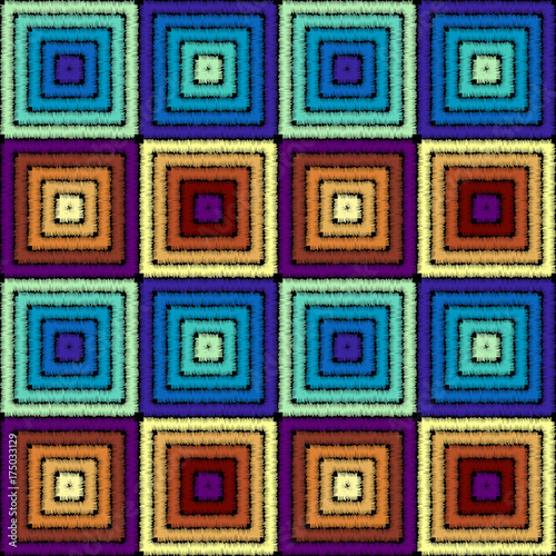 Imitation of geometric embroidery pattern. Colored lines on a black background. Ethnic and tribal motifs. Seamless vector background in the bohemian style.