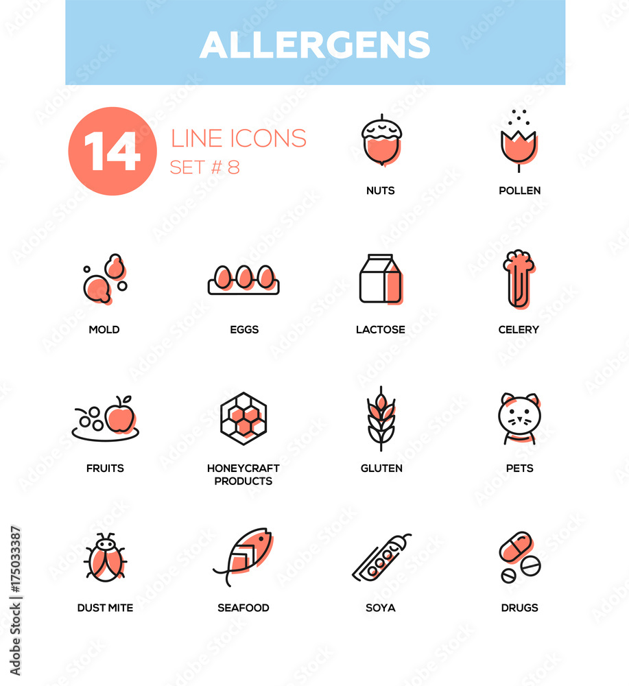 Allergens - Modern simple thin line design icons, pictograms set
