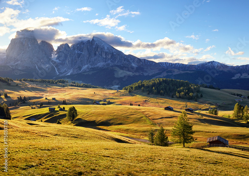 Alps sunrise green mountain panorama landscape, Alpe di Siusi