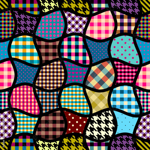 Imitation of geometric patchwork pattern. Interweaving ribbons on black background. Seamless vector pattern.