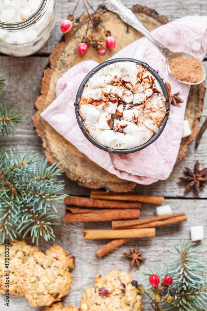 Fototapeta premium Hot Christmas cacao with marshmallow