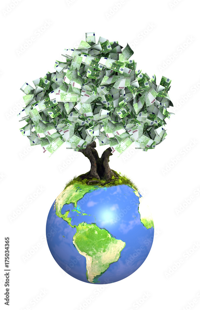 Money tree with euro banknotes on Earth