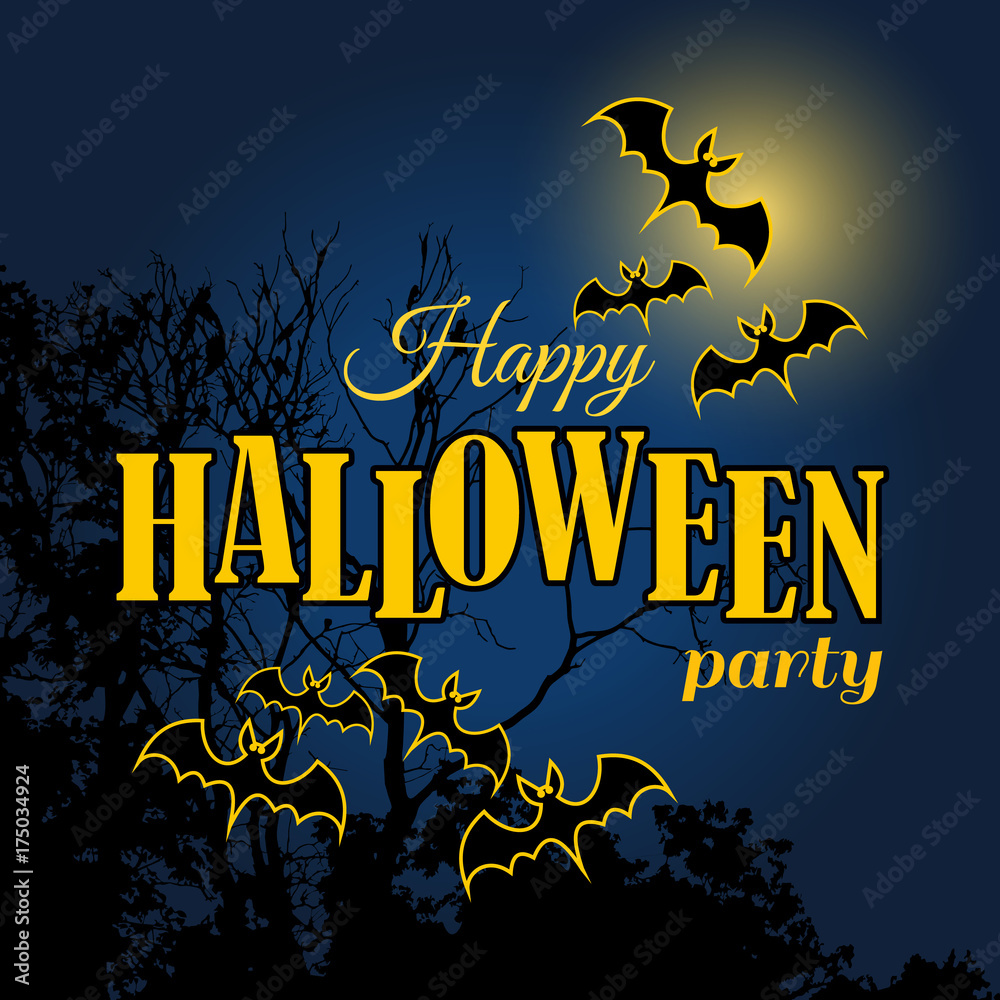 Happy Halloween party template with bats on night forest silhouette landscape with moon background. Vector illustration