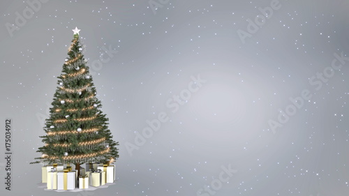 Christmas tree on silver background with copy space. 3D rendering © ommbeu