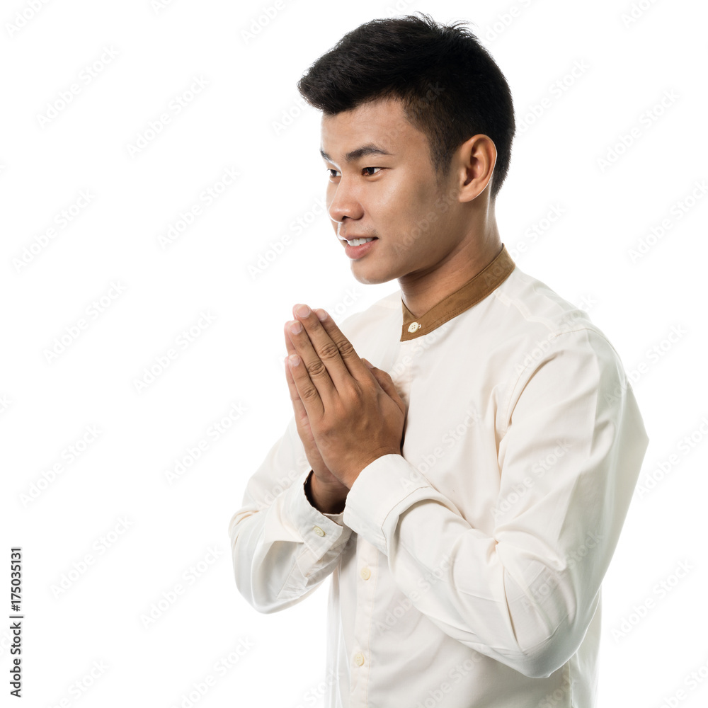 Handsome asian reception man portrait studio on white background Handsome asian reception man portrait studio on white background