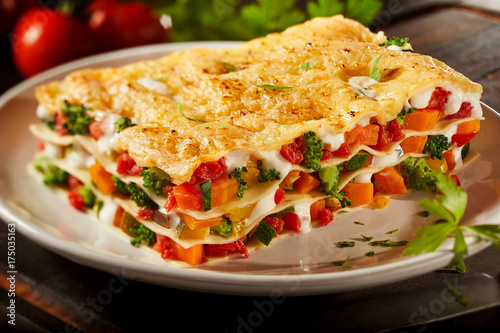 Close up view of colorful fresh vegetable lasagna
