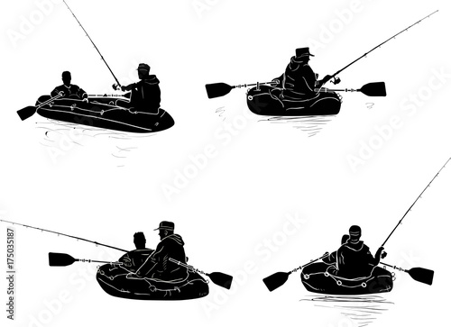 fishermen in four boats silhouette isolated on white