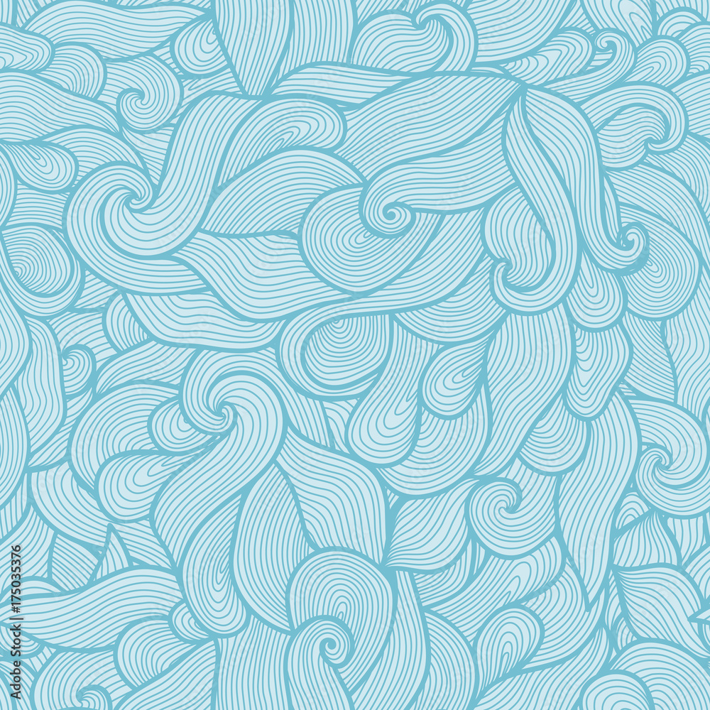 Blue vector seamless abstract hand-drawn pattern. Wave patterns (seamlessly tiling). Hand drawn seamless wave background