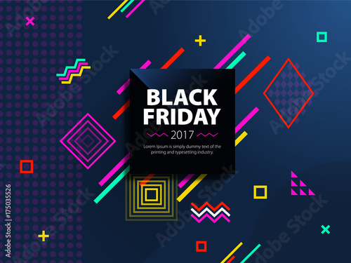 Black friday sale web banner. Fashionable and modern banner for advertising. Black square on a blue background. Poster Sale. Template in memphis style. Vector illustration