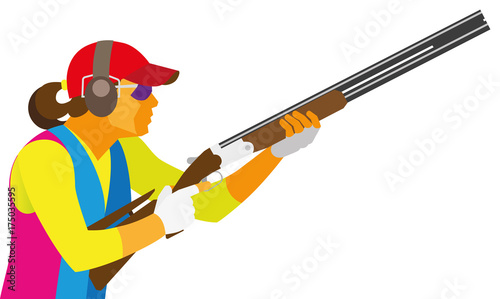 A young woman is a shooter by clay pigeon, which is preparing a shot
