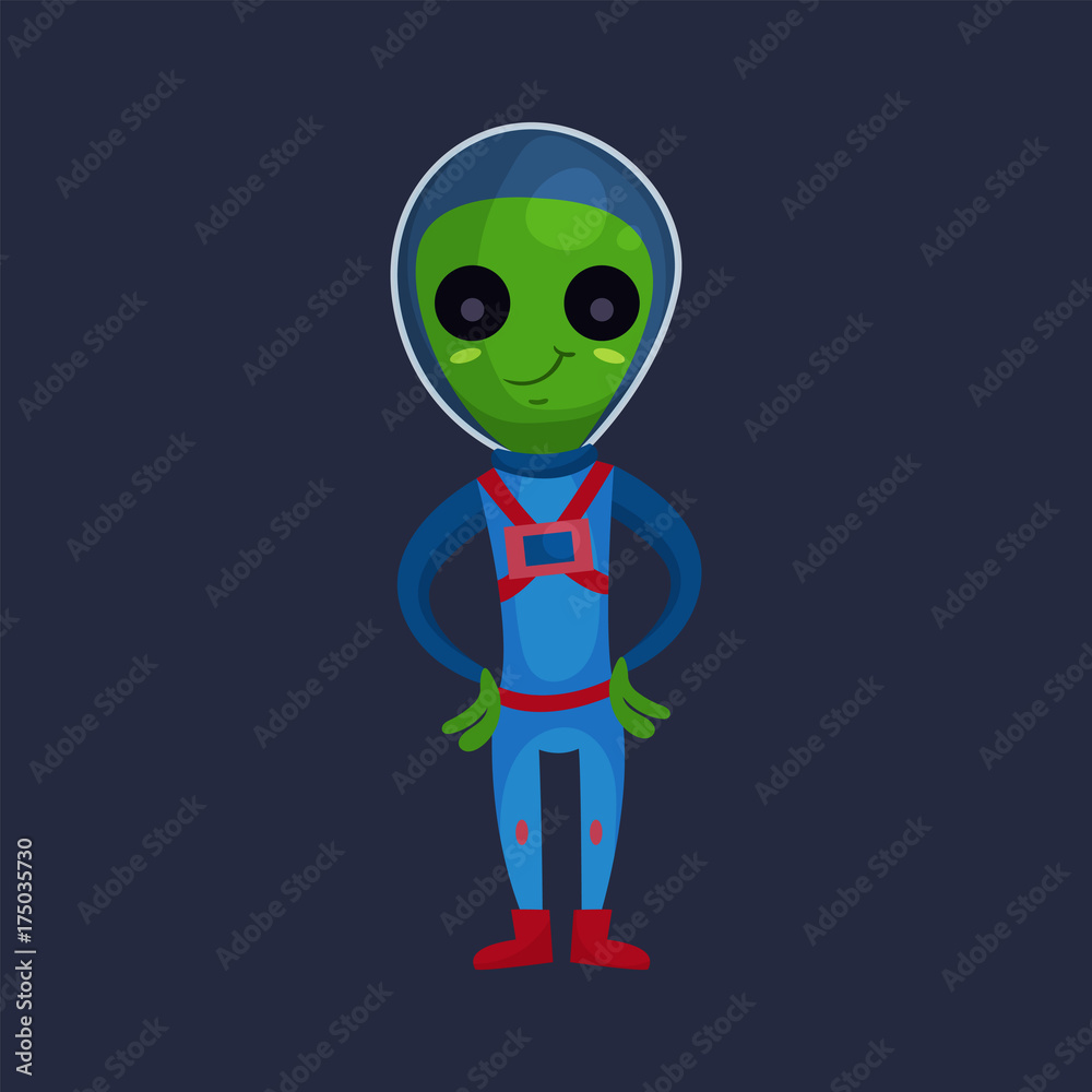 Friendly smiling green alien with big eyes wearing blue space suit, alien positive character cartoon vector Illustration Friendly smiling green alien with big eyes wearing blue space suit, alien positive character cartoon vector Illustration
