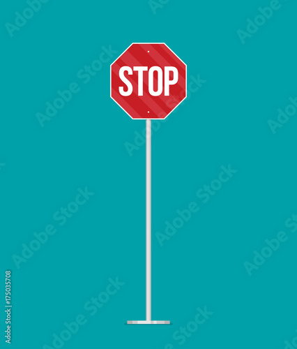 A vector stop sign on a pole in flat style