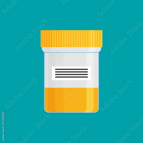 Urine test in a plastic jar. Flat design