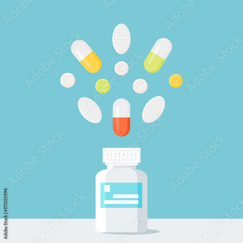 Medicine Pills Bottle with Pills over It. Pharmacy and Treatment Concept Vector Illustration