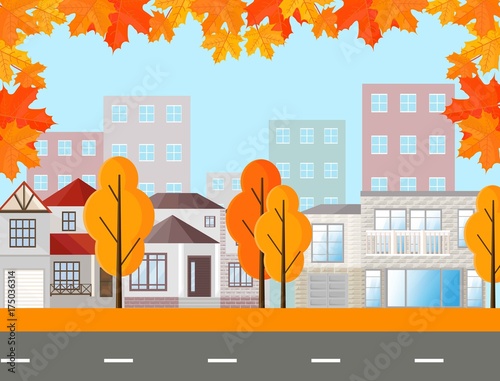 Town street view, buildings in autumn season. Vector Mapple leaves background