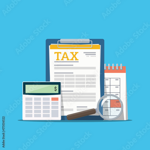 Concept tax payment. Data analysis, paperwork, financial research report and calculation of tax return. Payment of debt.